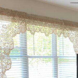 LACE EMBROIDERED SHEER SWAG CURTAIN PANELS. 1 PAIR. 84” W x 84” L.  LIGHT BEIGE.
